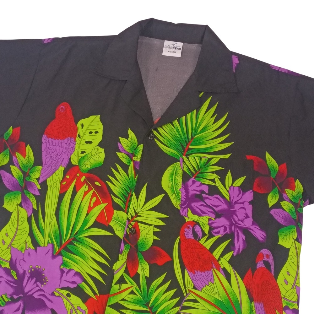 High Seas Resort Wear Mens XL Black Tropical Parrot Floral Hawaiian Camp Shirt